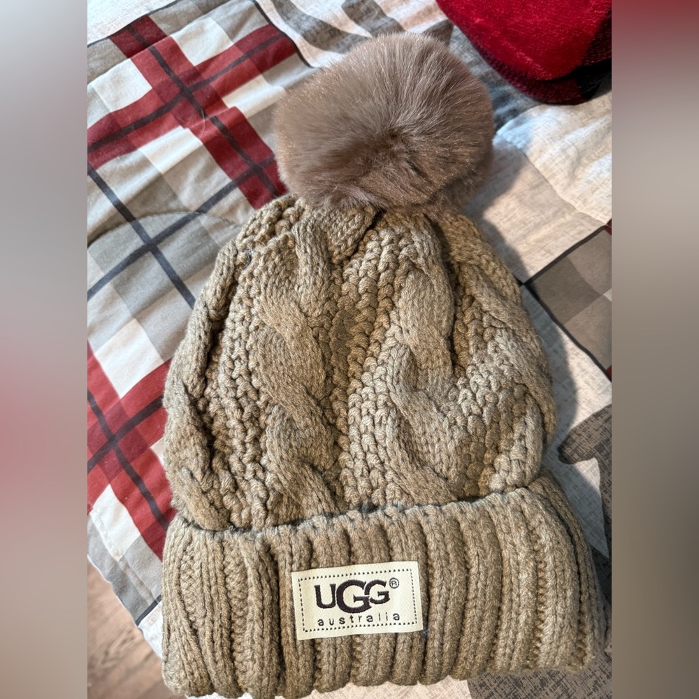 UGG Tan Cable Knit Beanie with Pom